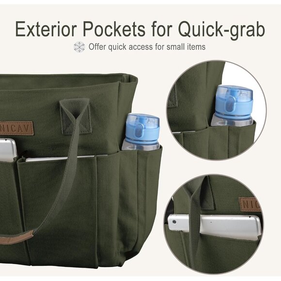 Women's Green Tote Bags Large Utility Bags with Pockets Zip for Teacher Work - Picture 4 of 6